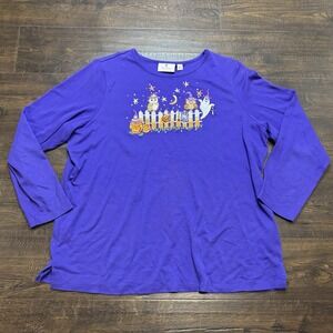 Quacker Factory Women's‎ 1X Halloween Embroidery with Sequin Top Purple